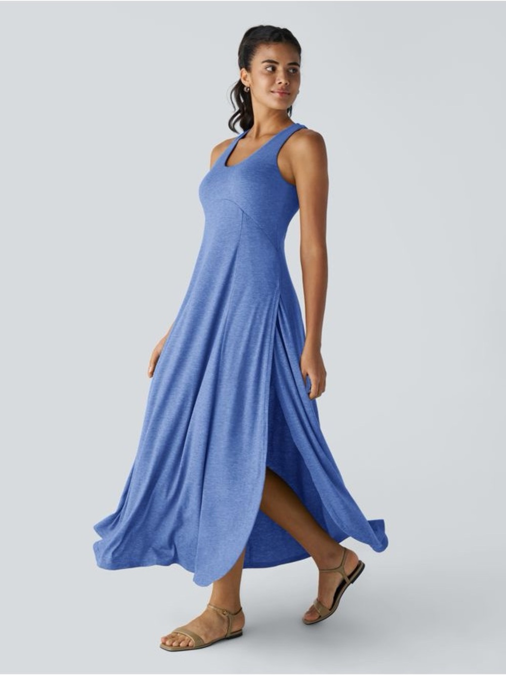 HALARA U Neck Flowy Maxi Casual Tank Dress in Sky Blue Floral Yarn